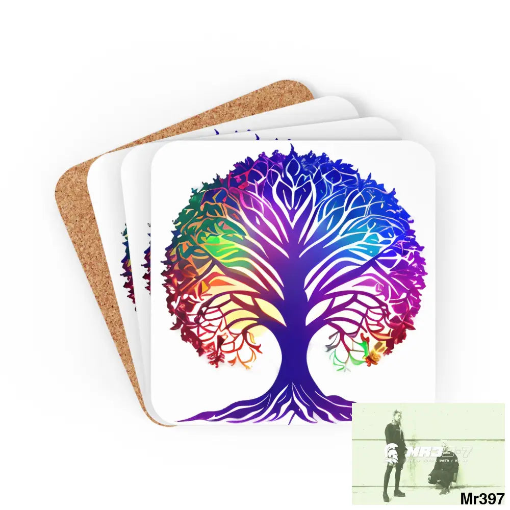 Multi coloured tree of life Corkwood Coaster Set Cork / 3.75’’ × 3.75’’ / Square Home Decor