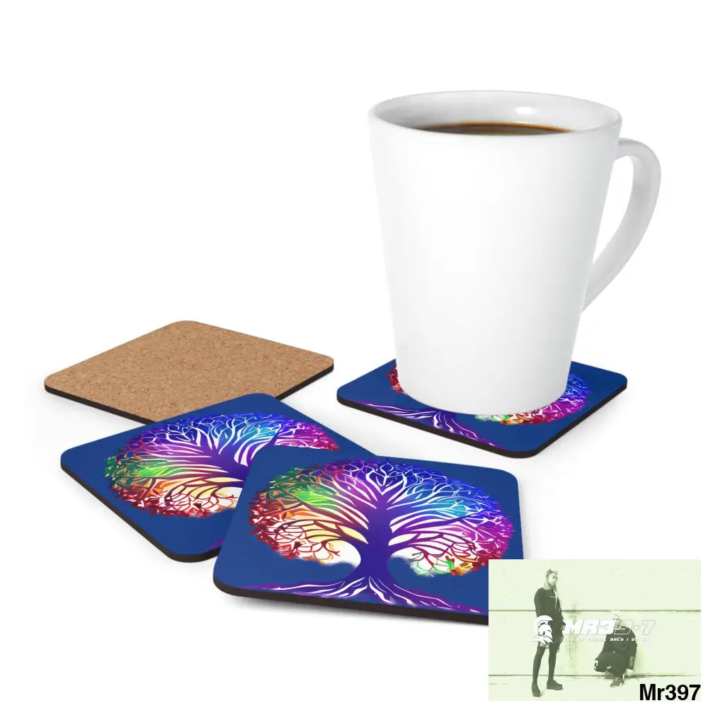 Multi coloured tree of life Corkwood Coaster Set Cork / 3.75’’ × 3.75’’ / Square Home Decor