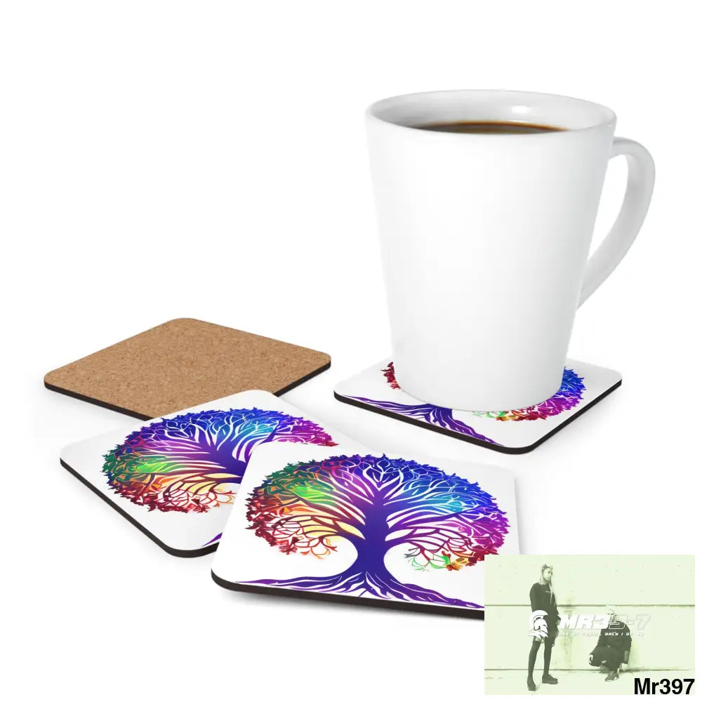 Multi coloured tree of life Corkwood Coaster Set Cork / 3.75’’ × 3.75’’ / Square Home Decor