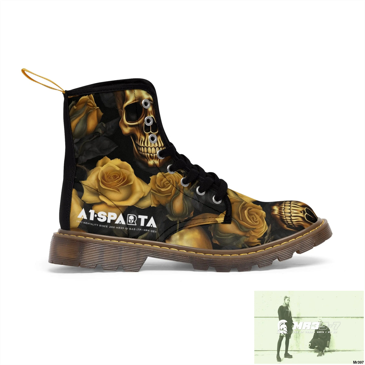 No 2 A1- peace Sparta Gothic Skulls and Gold Roses Canvas Boots AOP Shoes