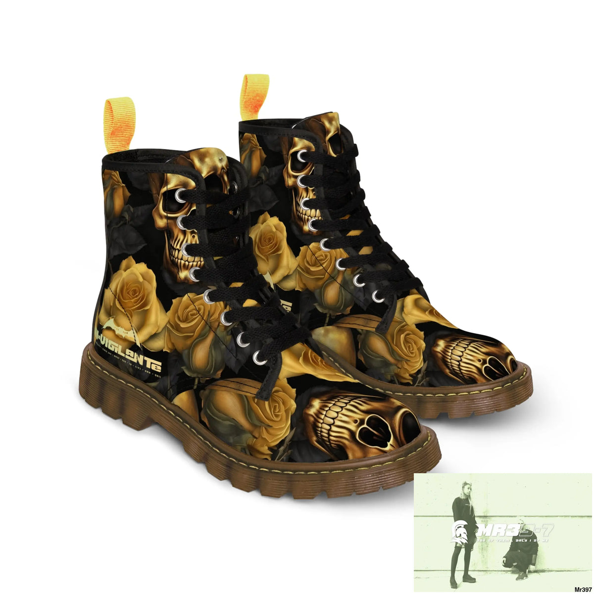 No 2 A1-Vigilante Gothic Skulls and Gold Roses Canvas Boots AOP Shoes