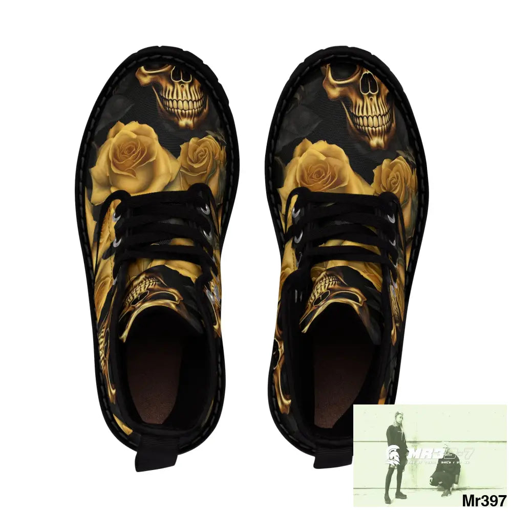 No 2 A1-Vigilante Gothic Skulls and Gold Roses Canvas Boots AOP Shoes
