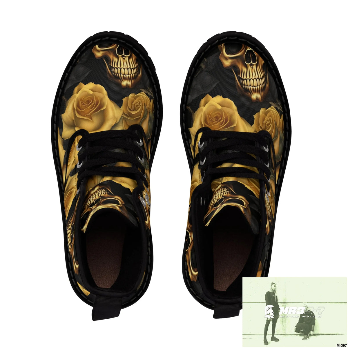 No 2 A1-Vigilante Gothic Skulls and Gold Roses Canvas Boots AOP Shoes