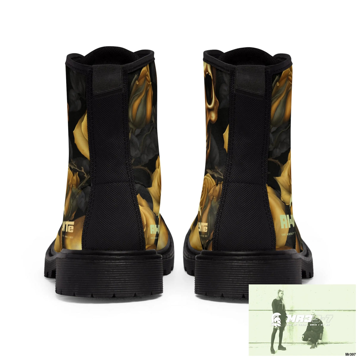 No 2 A1-Vigilante Gothic Skulls and Gold Roses Canvas Boots AOP Shoes