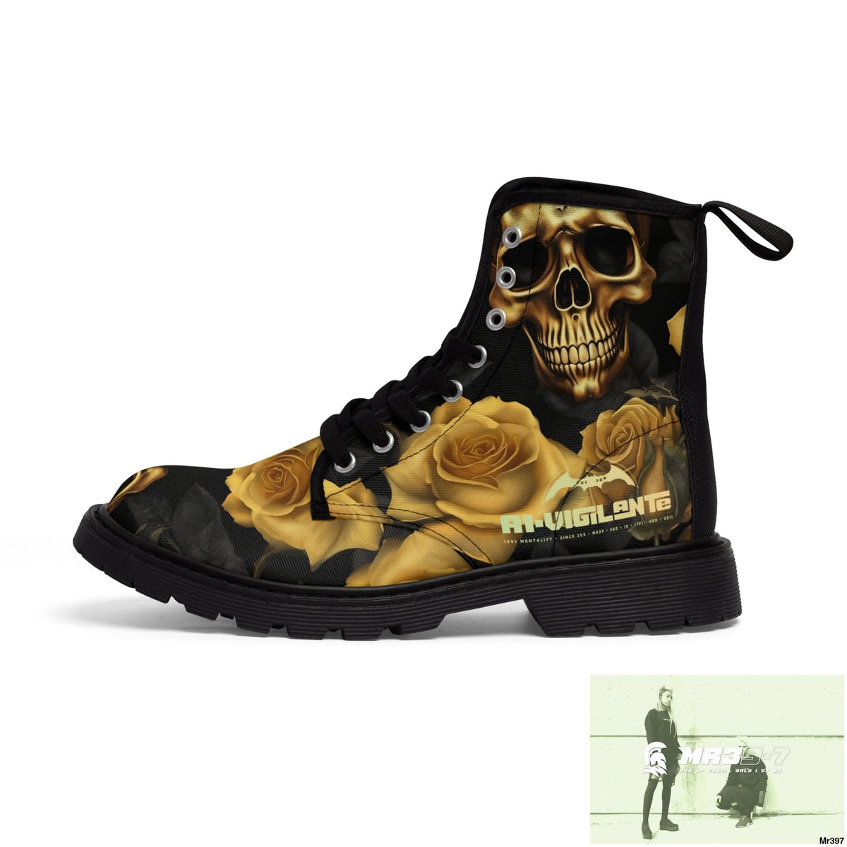 No 2 A1-Vigilante Gothic Skulls and Gold Roses Canvas Boots AOP US 7 / Black sole Shoes
