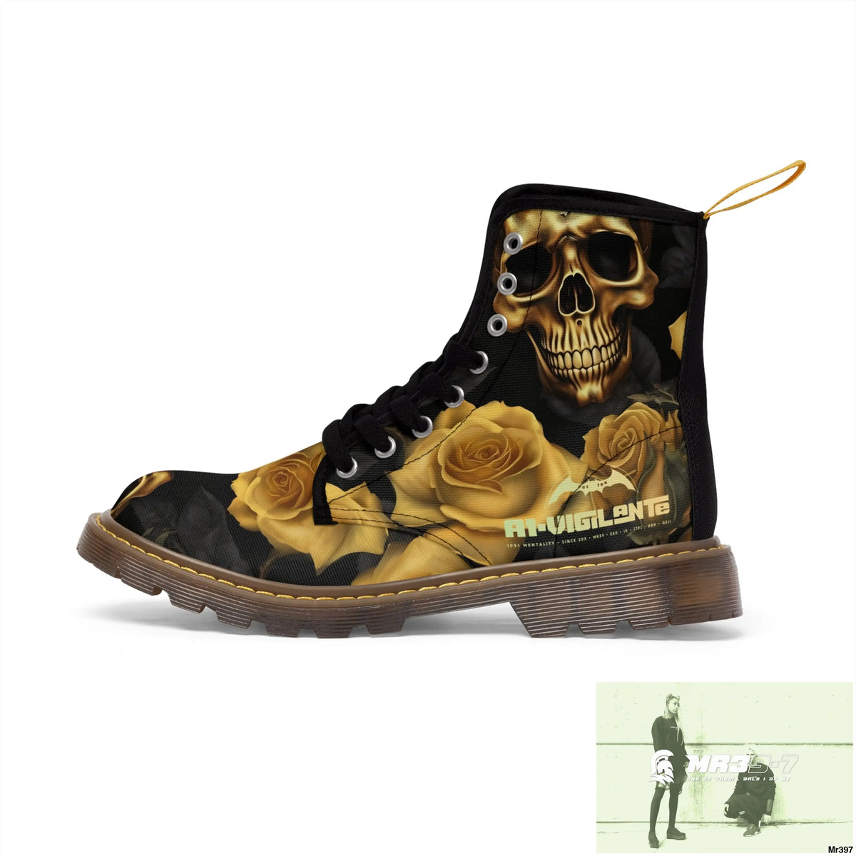 No 2 A1-Vigilante Gothic Skulls and Gold Roses Canvas Boots AOP US 7 / Brown sole Shoes