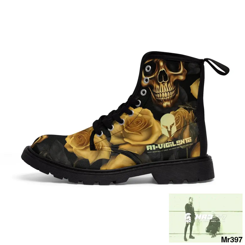 No 2 A1-Vigilante Sparta Gothic Skulls and Gold Roses Canvas Boots AOP Shoes