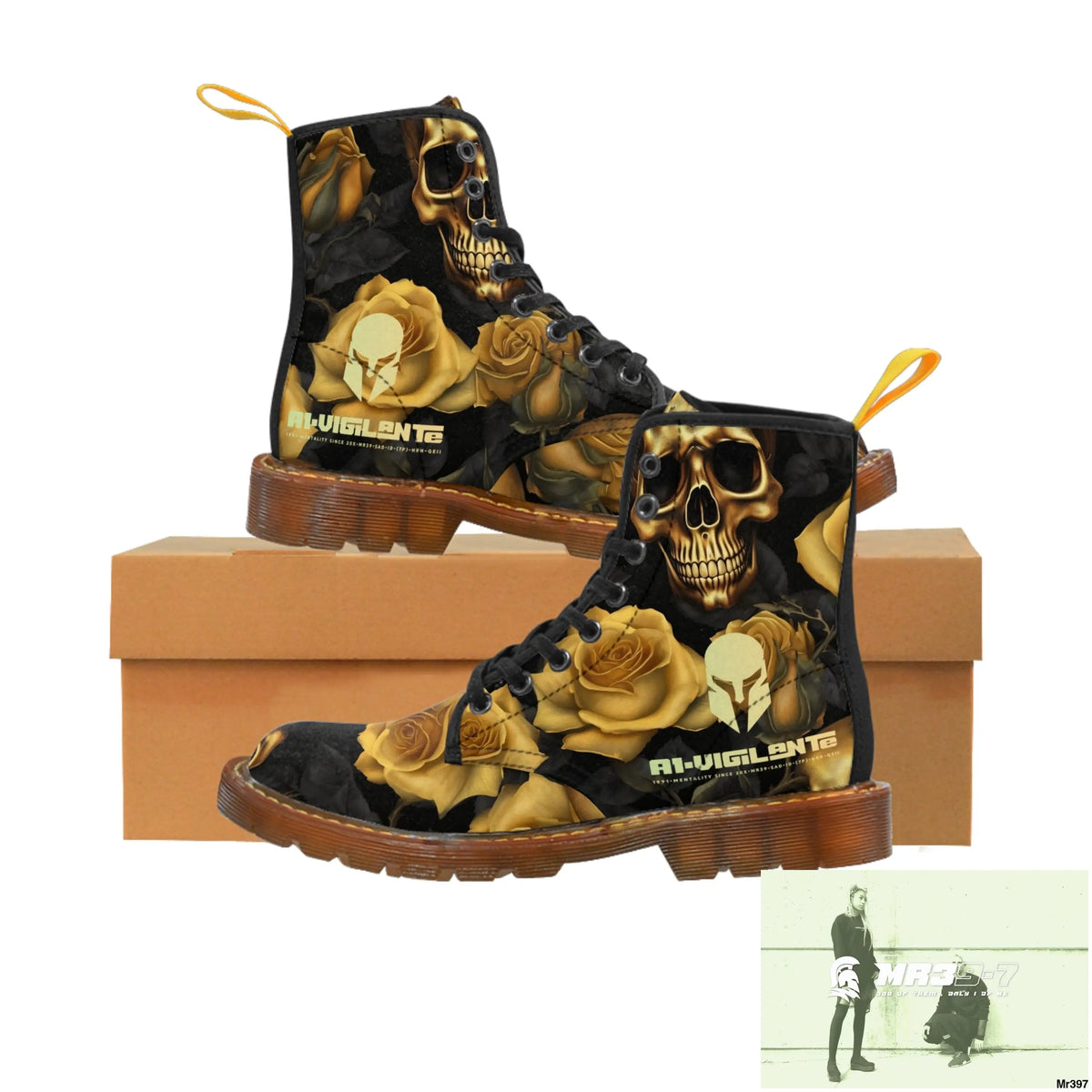 No 2 A1-Vigilante Sparta Gothic Skulls and Gold Roses Canvas Boots AOP Shoes