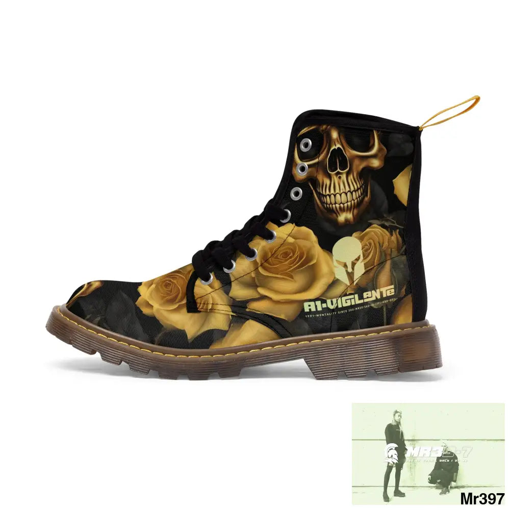 No 2 A1-Vigilante Sparta Gothic Skulls and Gold Roses Canvas Boots AOP Shoes