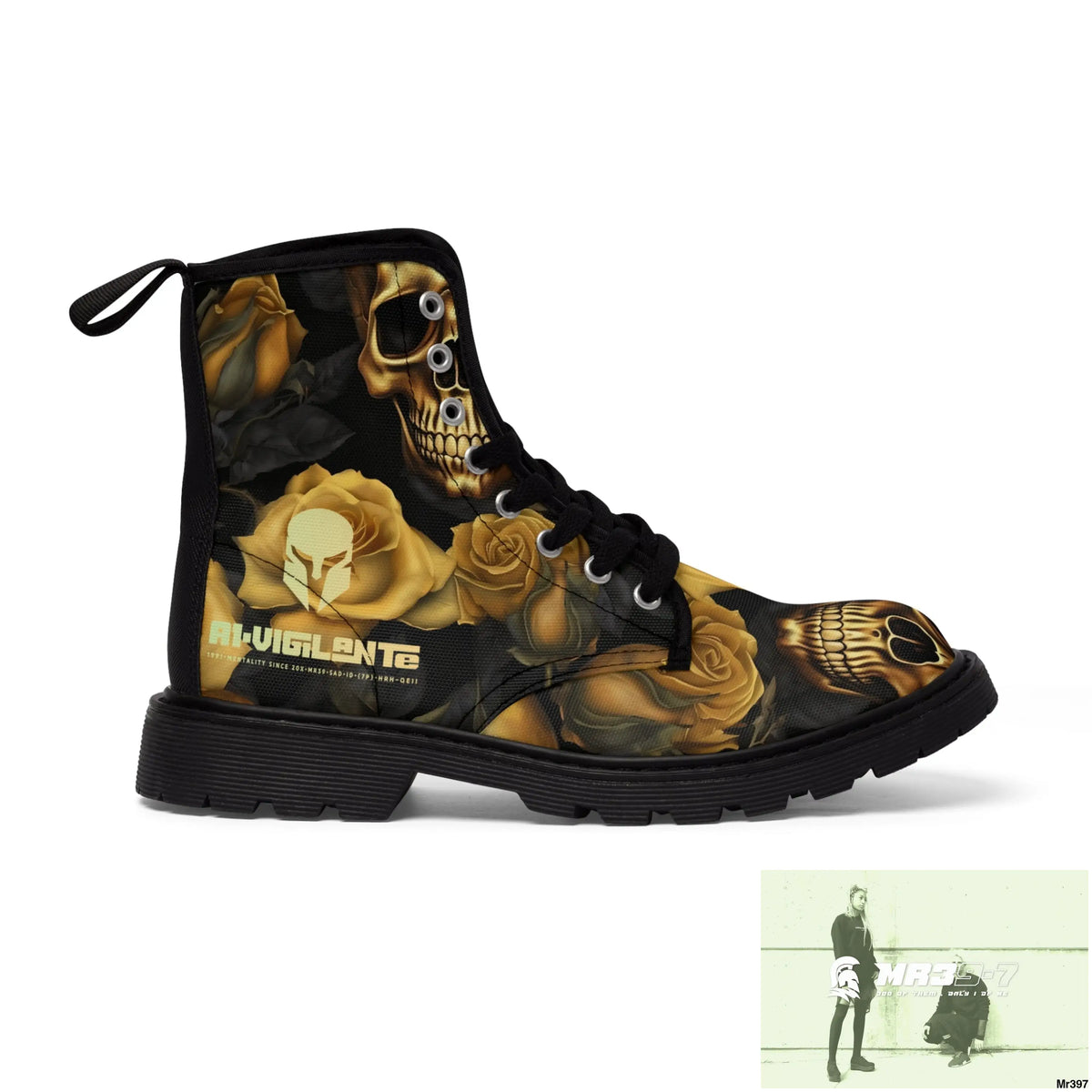 No 2 A1-Vigilante Sparta Gothic Skulls and Gold Roses Canvas Boots AOP Shoes