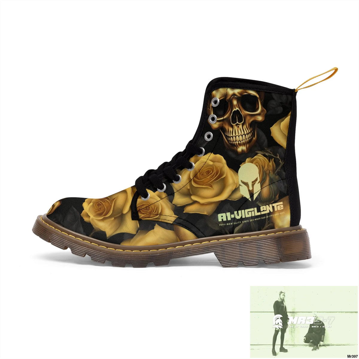 No 2 A1-Vigilante Sparta Gothic Skulls and Gold Roses Canvas Boots AOP Shoes