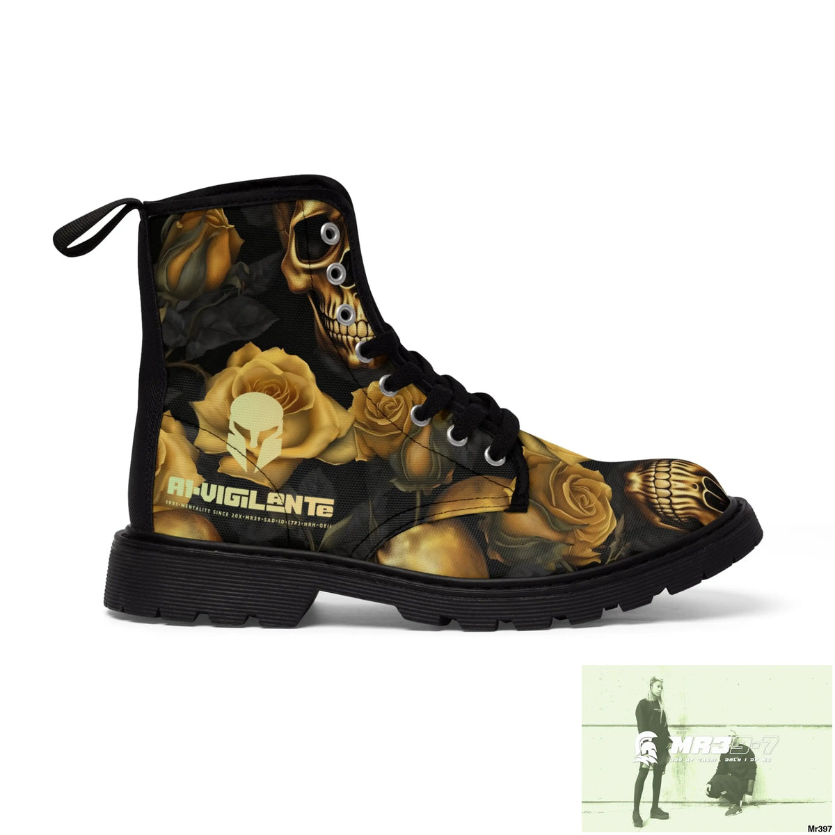 No 2 A1-Vigilante Sparta Gothic Skulls and Gold Roses Canvas Boots AOP US 7 / Black sole Shoes
