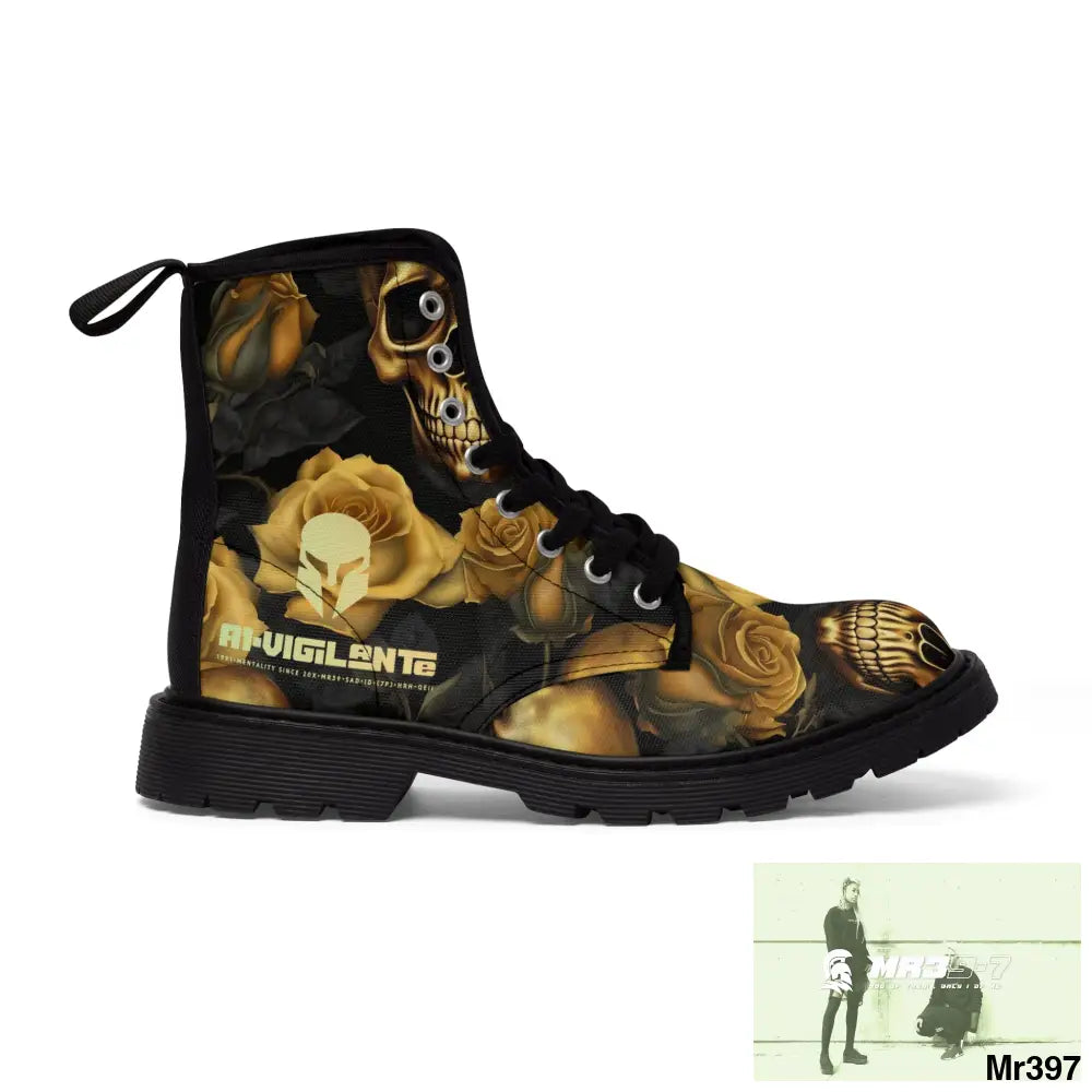 No 2 A1-Vigilante Sparta Gothic Skulls and Gold Roses Canvas Boots AOP US 7 / Black sole Shoes