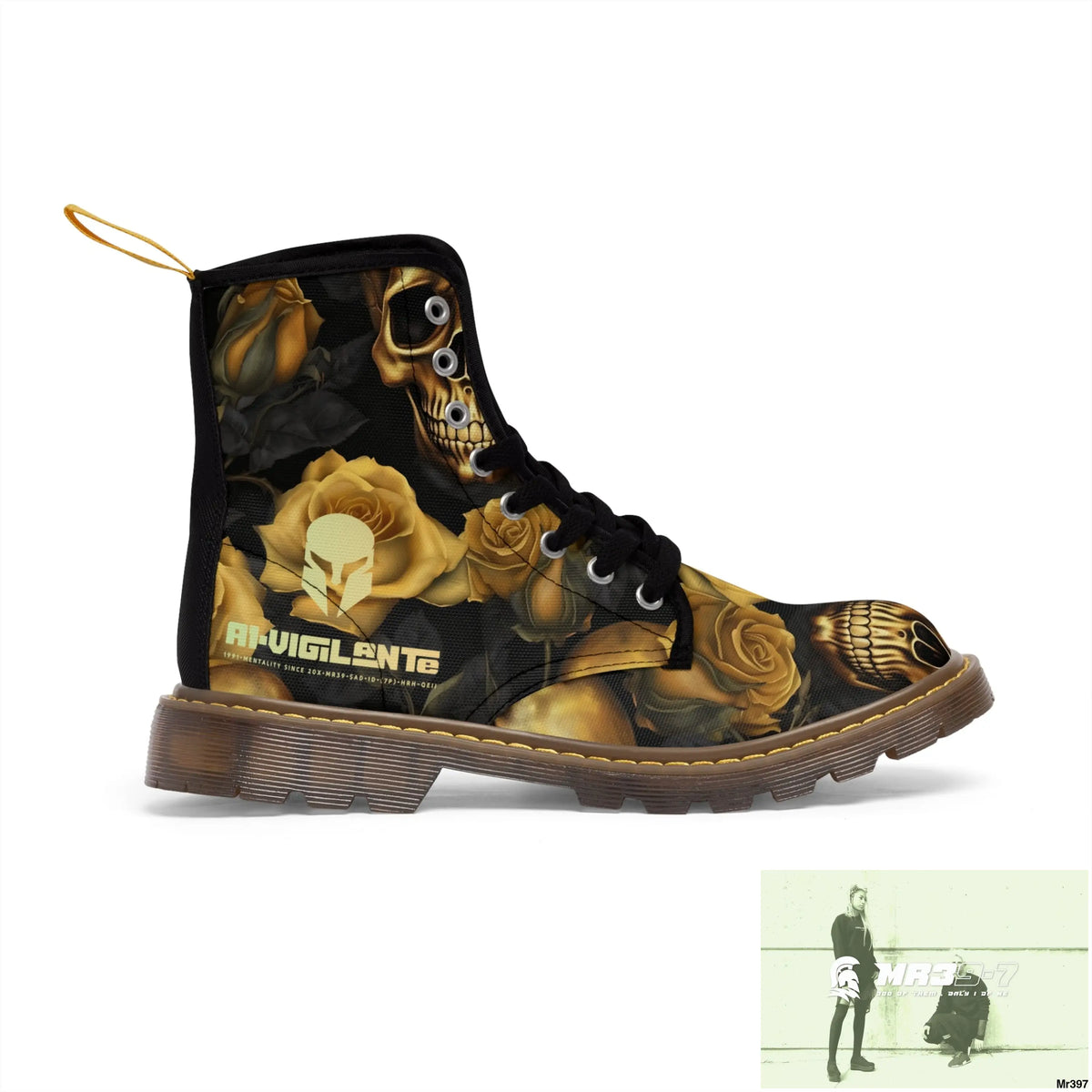 No 2 A1-Vigilante Sparta Gothic Skulls and Gold Roses Canvas Boots AOP US 7 / Brown sole Shoes