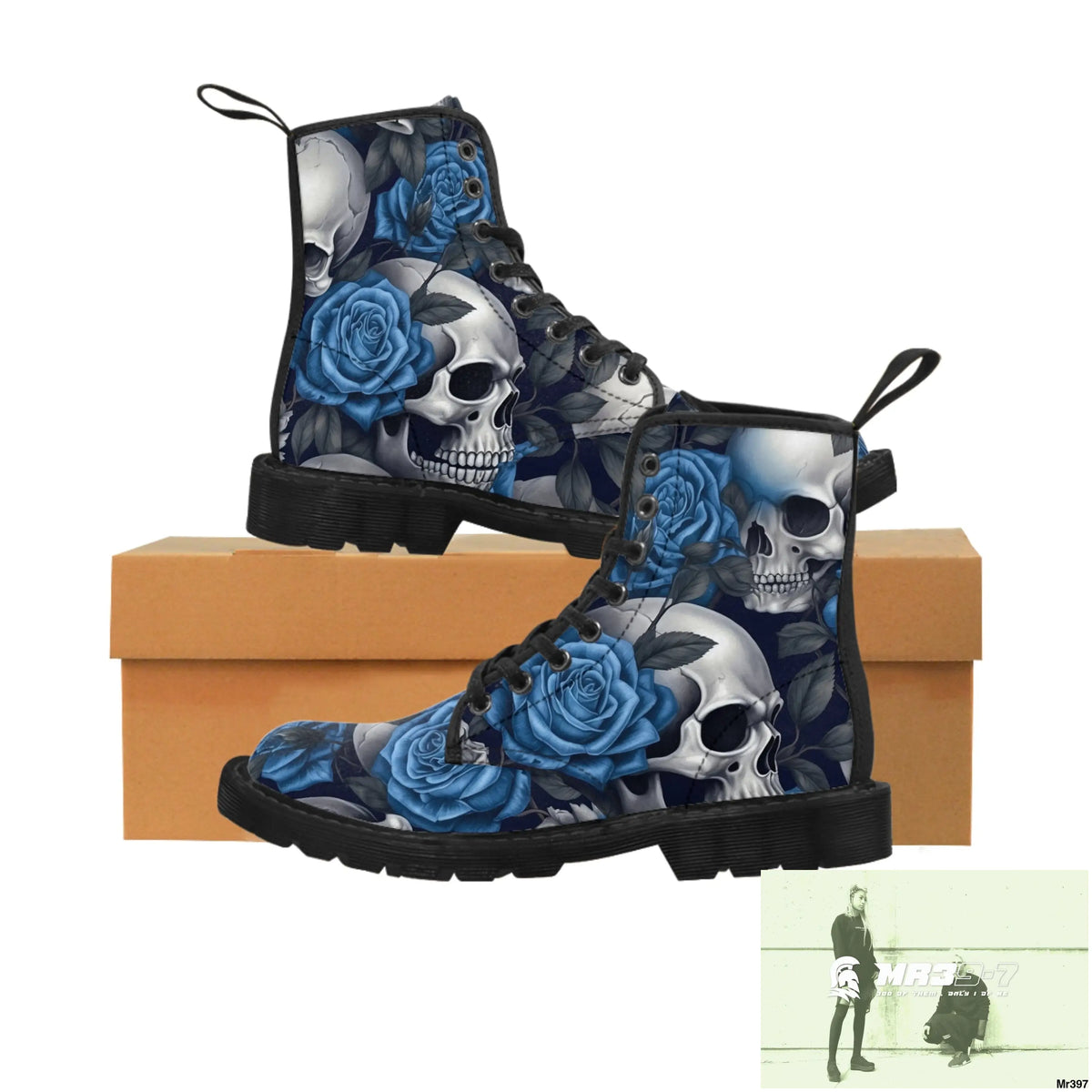 No 2 Gothic Skull and Blue Roses Canvas Boots AOP Shoes