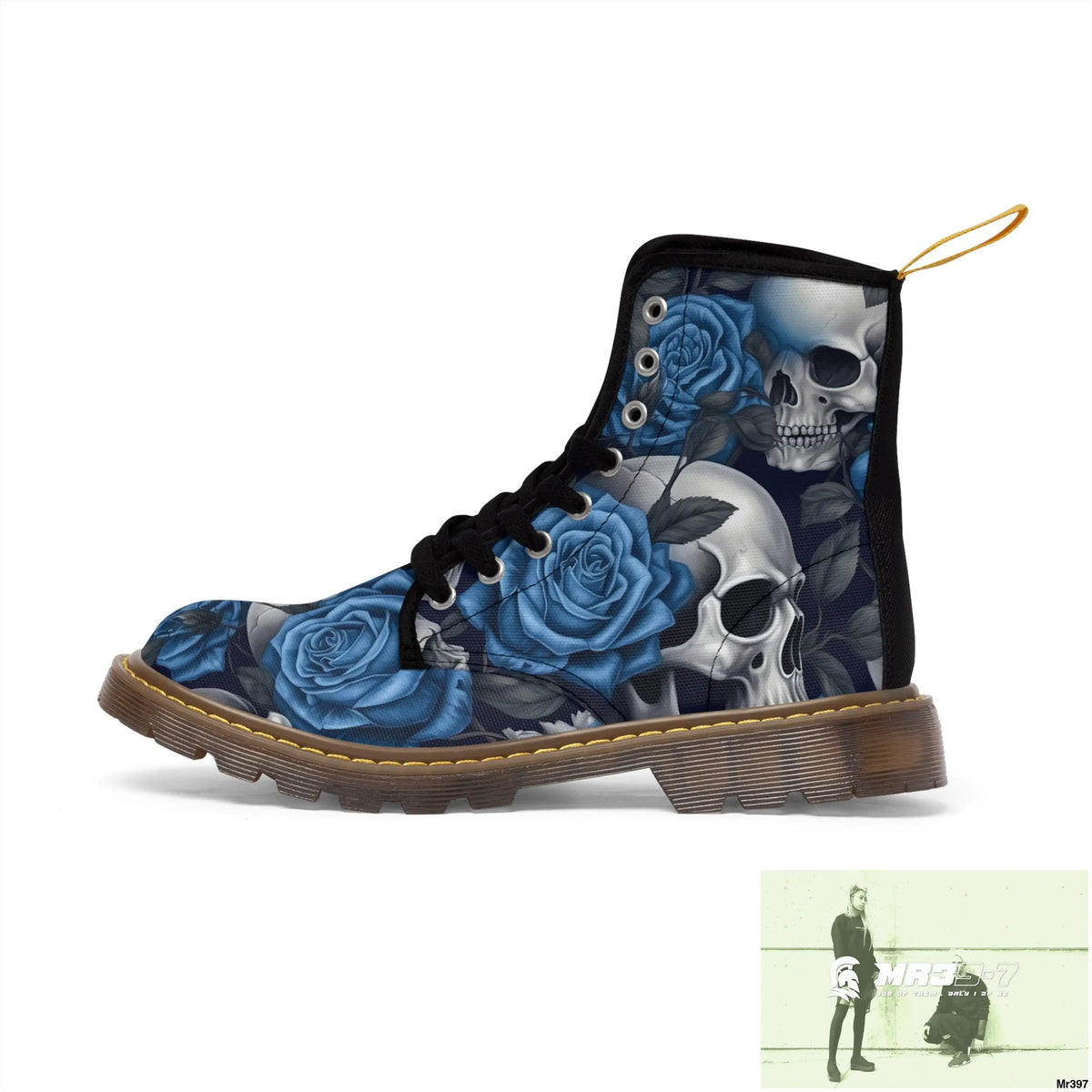 No 2 Gothic Skull and Blue Roses Canvas Boots AOP Shoes