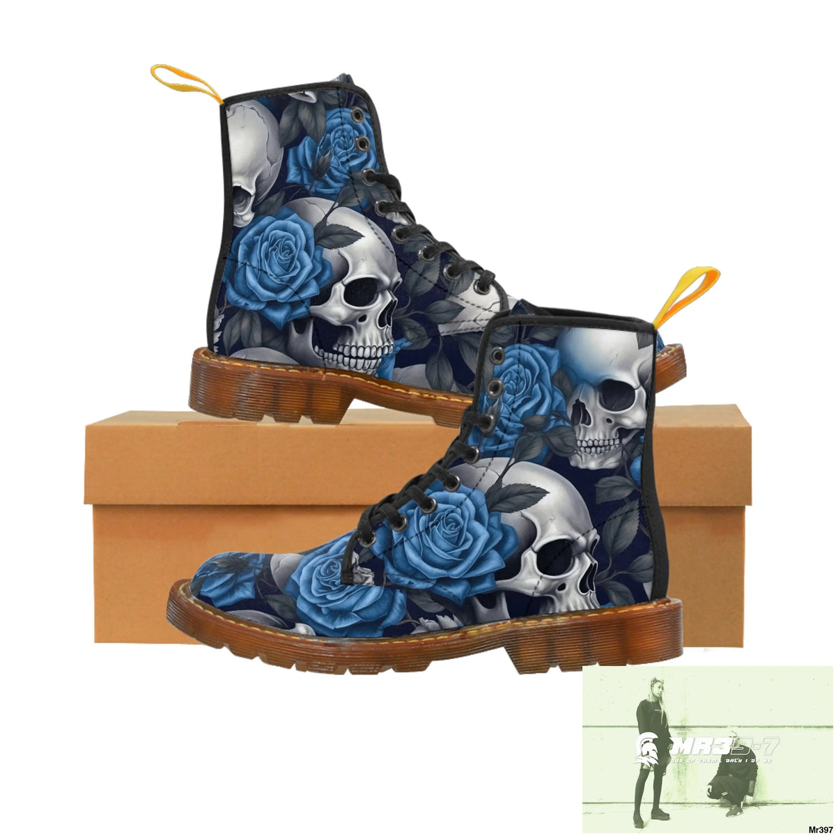 No 2 Gothic Skull and Blue Roses Canvas Boots AOP Shoes