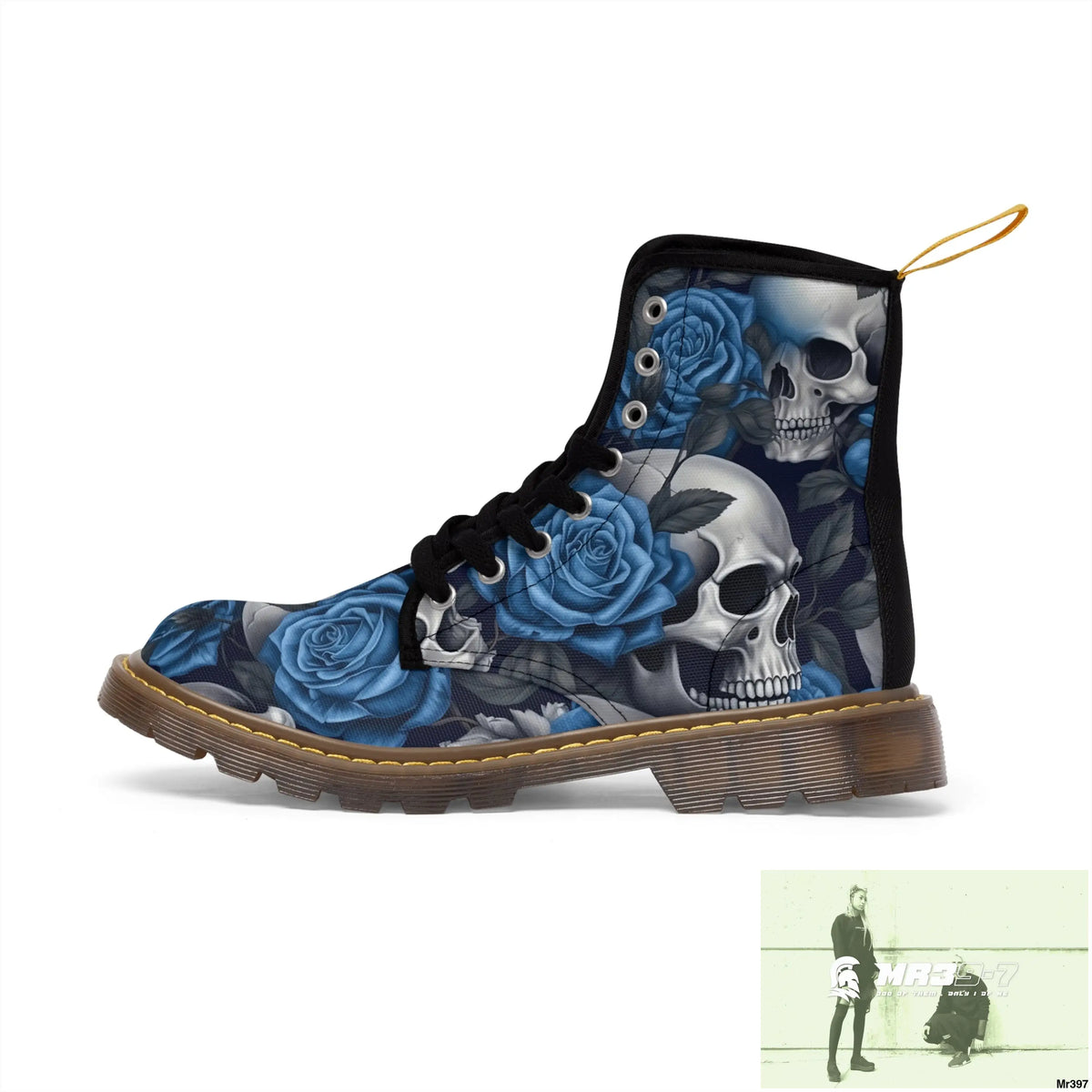No 2 Gothic Skull and Blue Roses Canvas Boots AOP Shoes