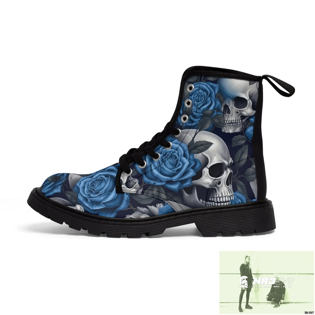 No 2 Gothic Skull and Blue Roses Canvas Boots AOP Shoes