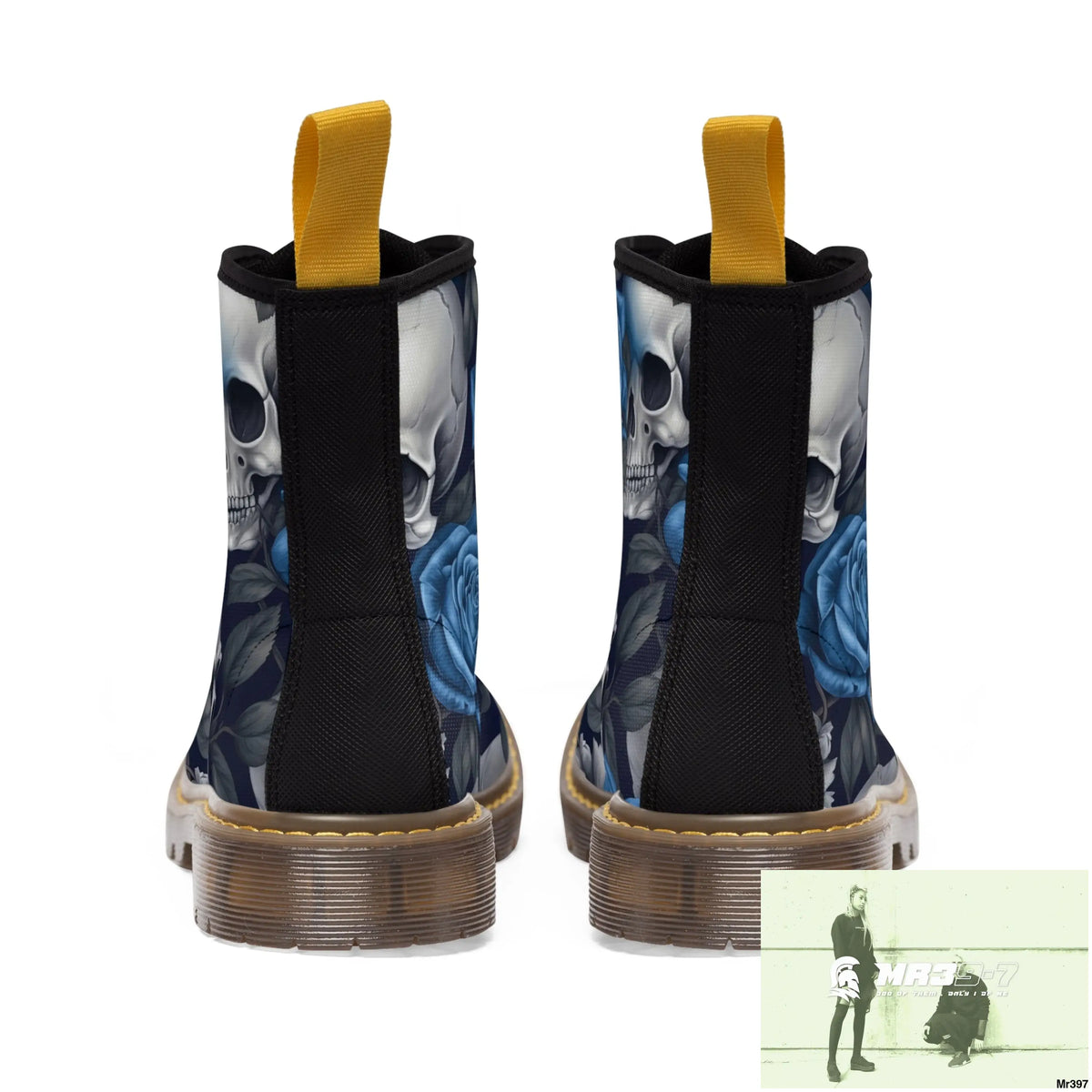No 2 Gothic Skull and Blue Roses Canvas Boots AOP Shoes