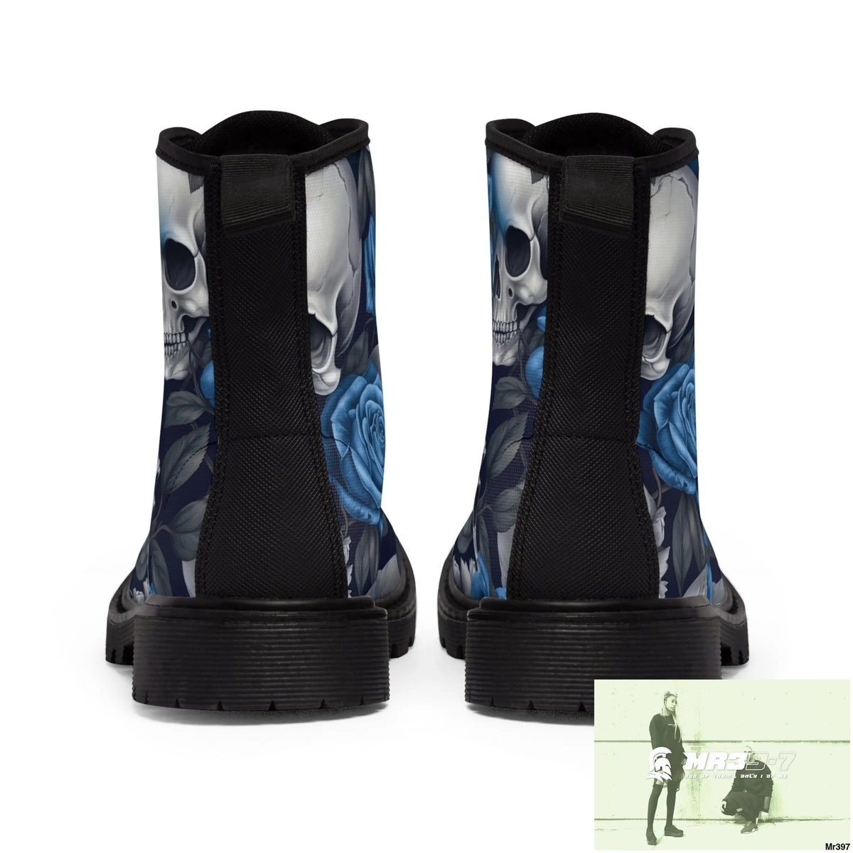No 2 Gothic Skull and Blue Roses Canvas Boots AOP Shoes
