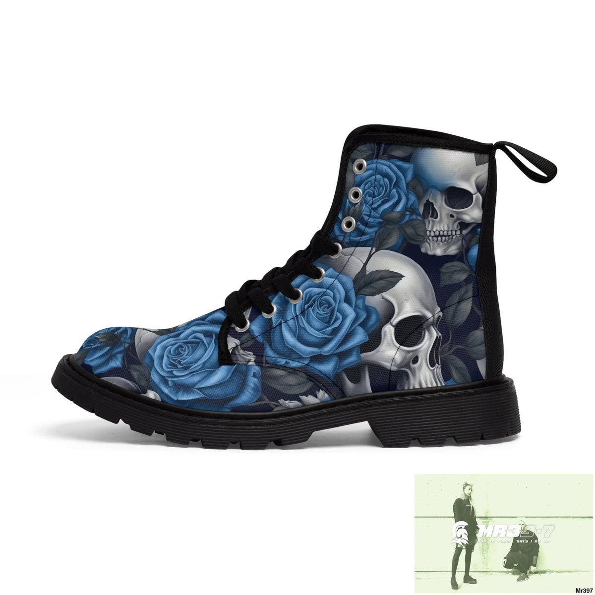 No 2 Gothic Skull and Blue Roses Canvas Boots AOP Shoes