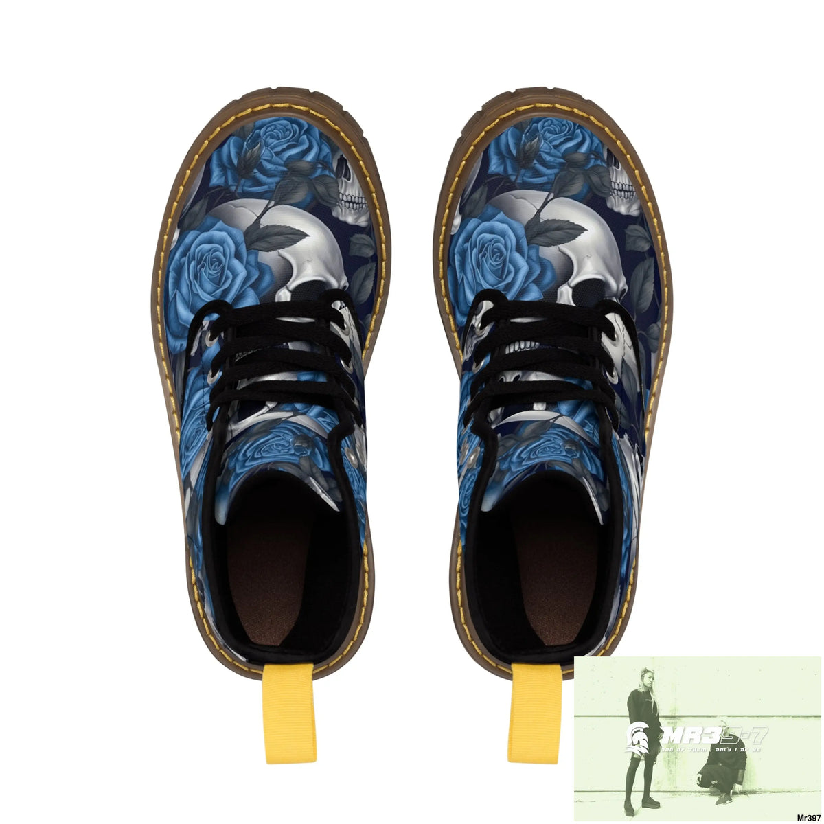 No 2 Gothic Skull and Blue Roses Canvas Boots AOP Shoes