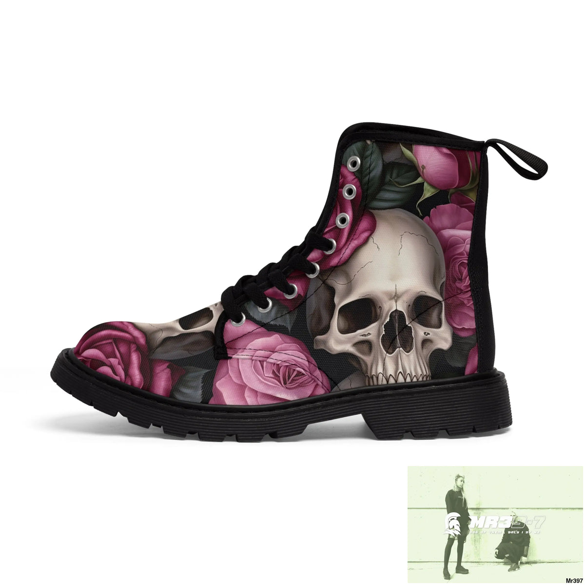 No 2 Gothic Skull and pink Roses Canvas Boots AOP Shoes