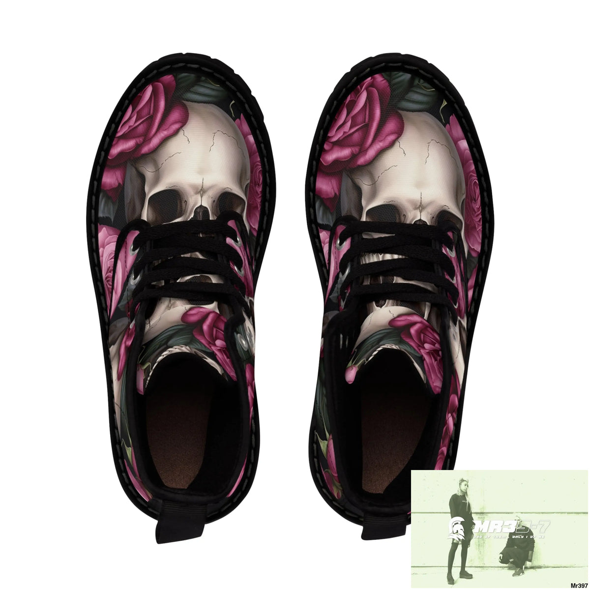 No 2 Gothic Skull and pink Roses Canvas Boots AOP Shoes