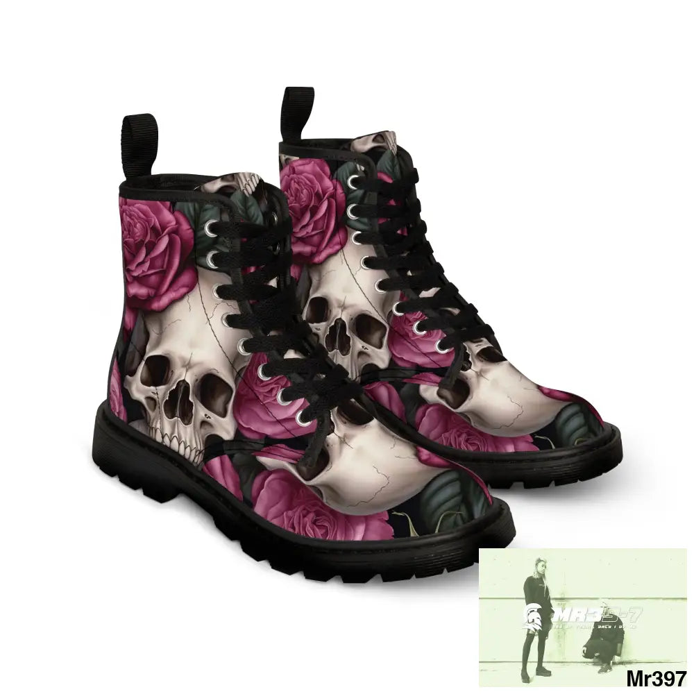 No 2 Gothic Skull and pink Roses Canvas Boots AOP Shoes