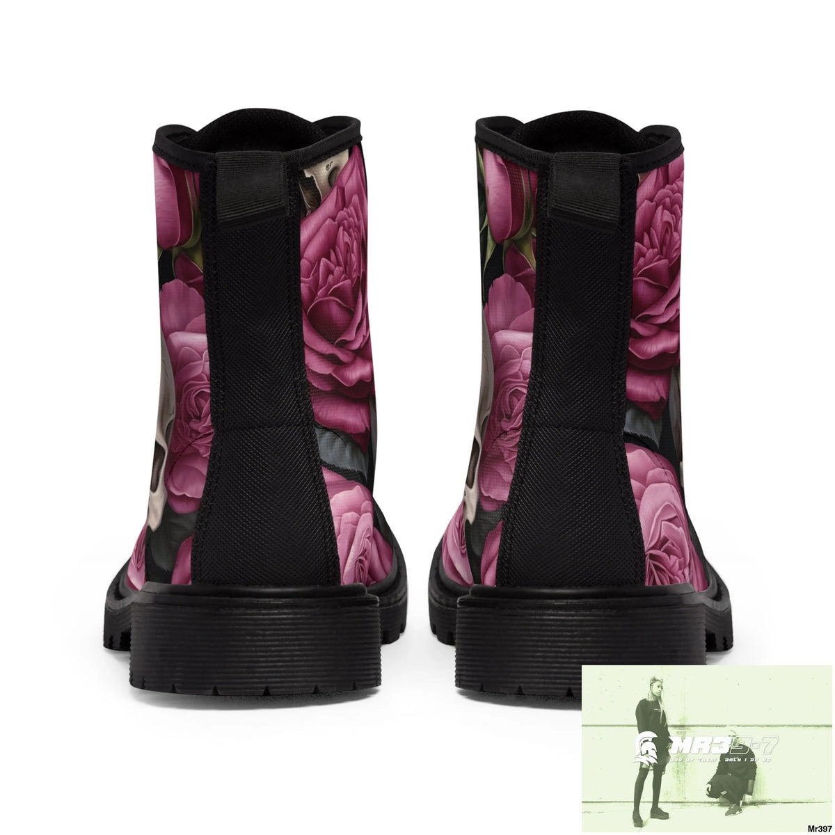 No 2 Gothic Skull and pink Roses Canvas Boots AOP Shoes