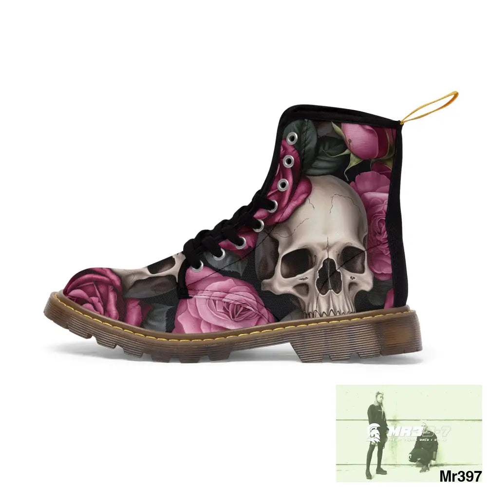 No 2 Gothic Skull and pink Roses Canvas Boots AOP Shoes
