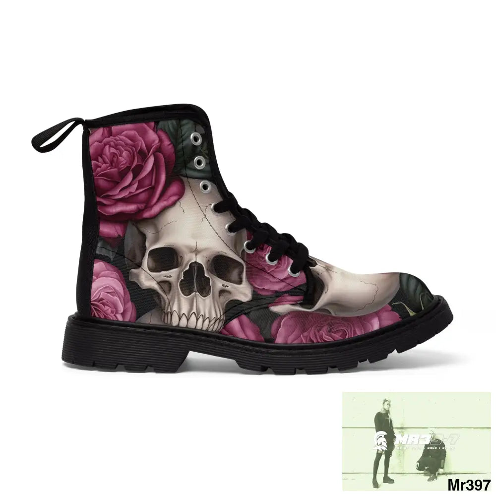 No 2 Gothic Skull and pink Roses Canvas Boots AOP Shoes