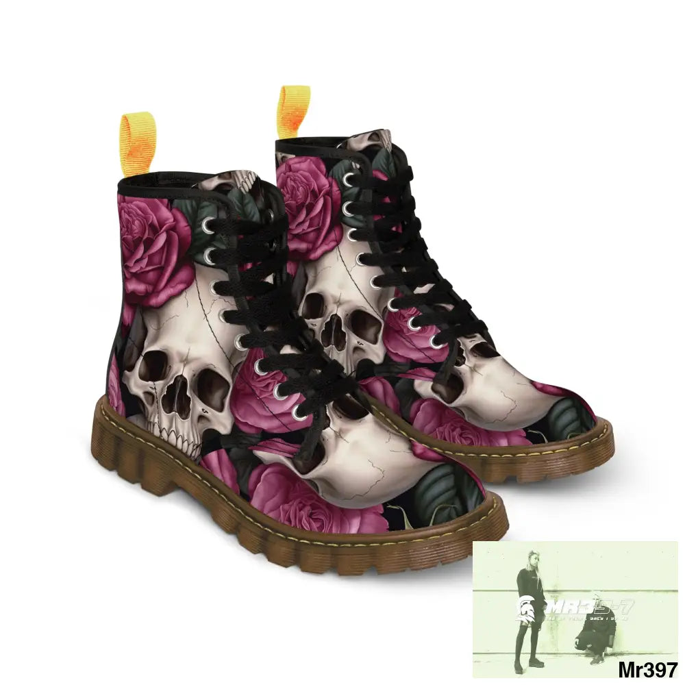 No 2 Gothic Skull and pink Roses Canvas Boots AOP Shoes