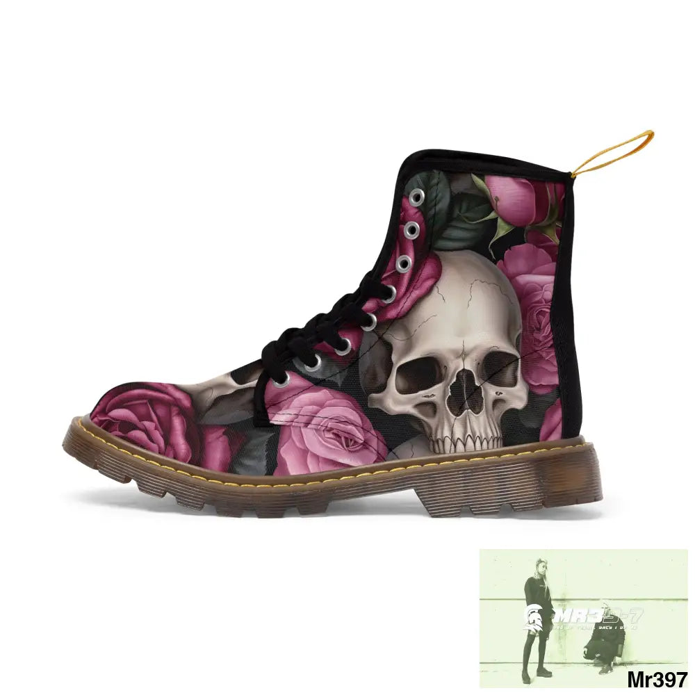No 2 Gothic Skull and pink Roses Canvas Boots AOP Shoes