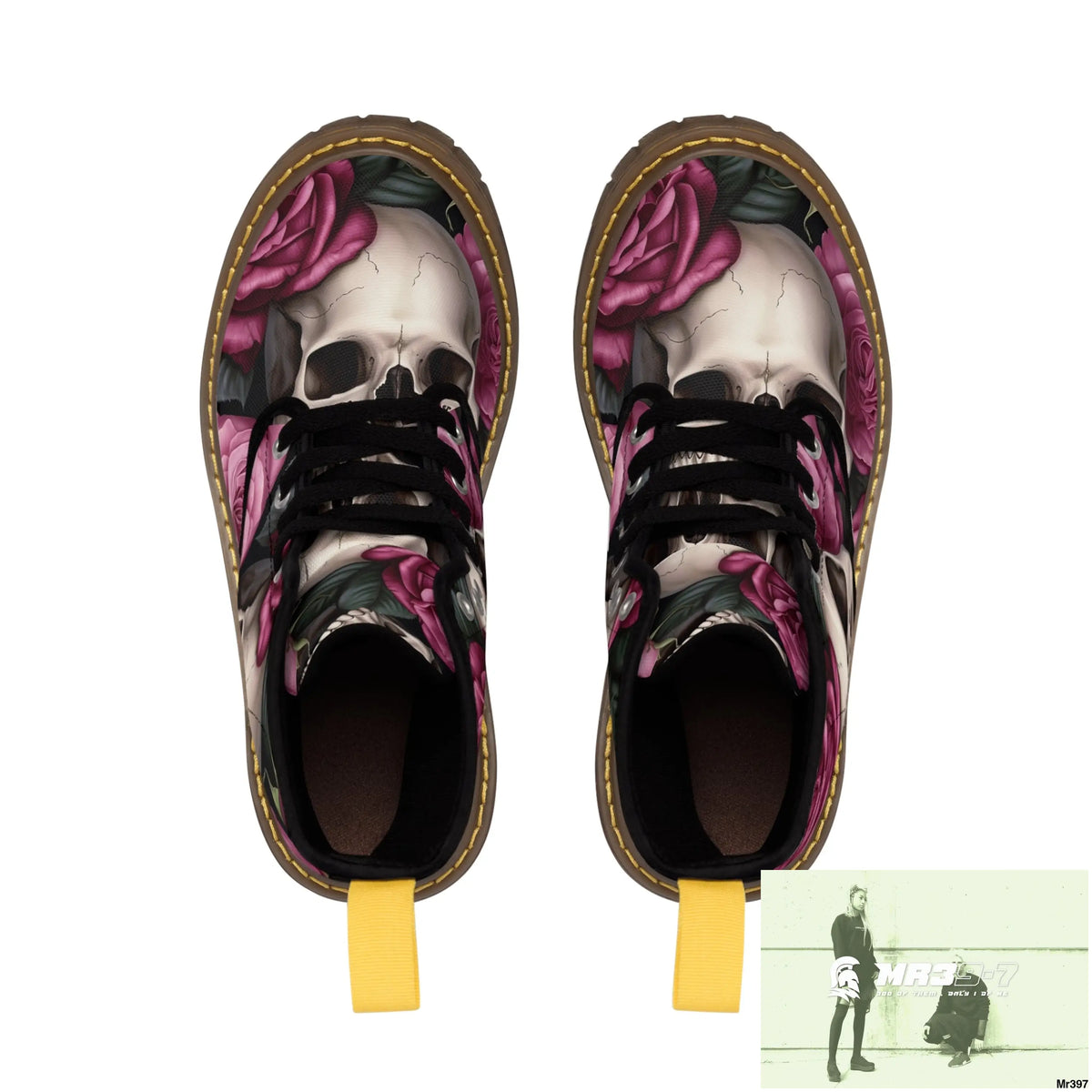 No 2 Gothic Skull and pink Roses Canvas Boots AOP Shoes