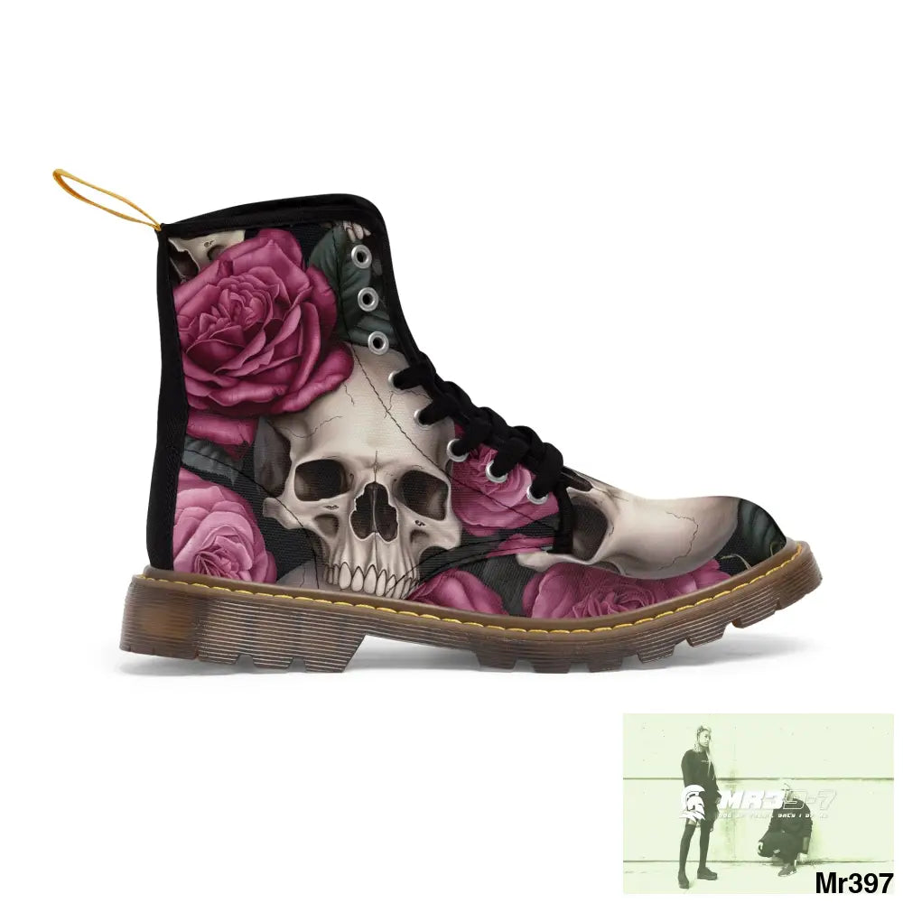 No 2 Gothic Skull and pink Roses Canvas Boots AOP Shoes