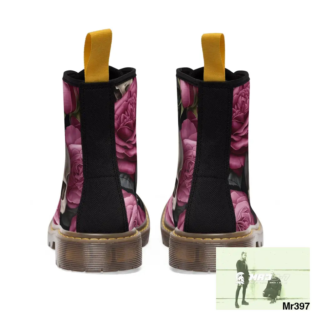No 2 Gothic Skull and pink Roses Canvas Boots AOP Shoes