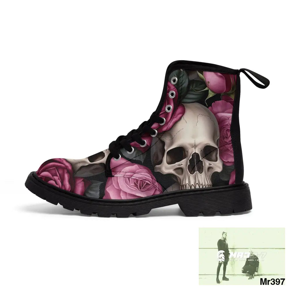 No 2 Gothic Skull and pink Roses Canvas Boots AOP Shoes