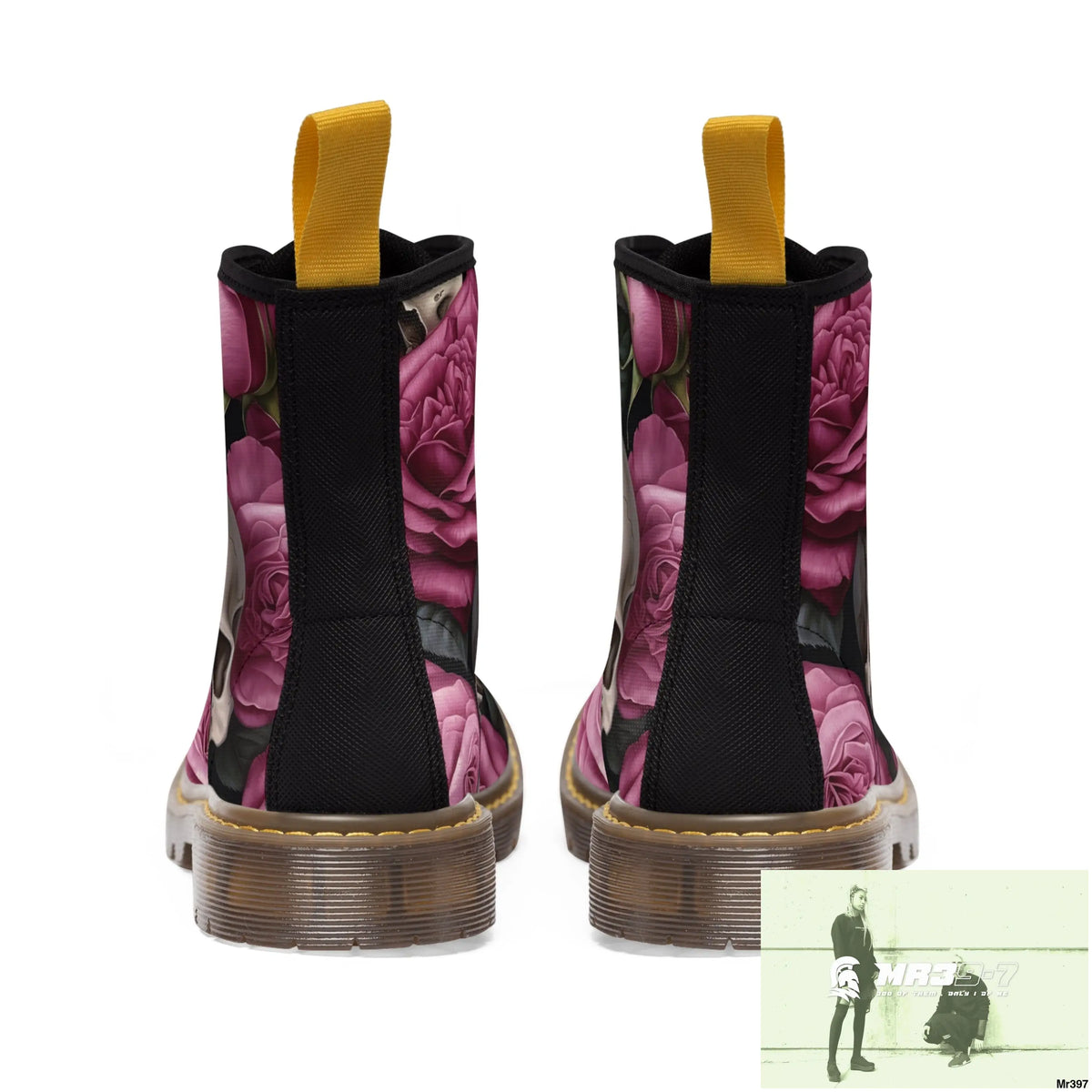 No 2 Gothic Skull and pink Roses Canvas Boots AOP Shoes