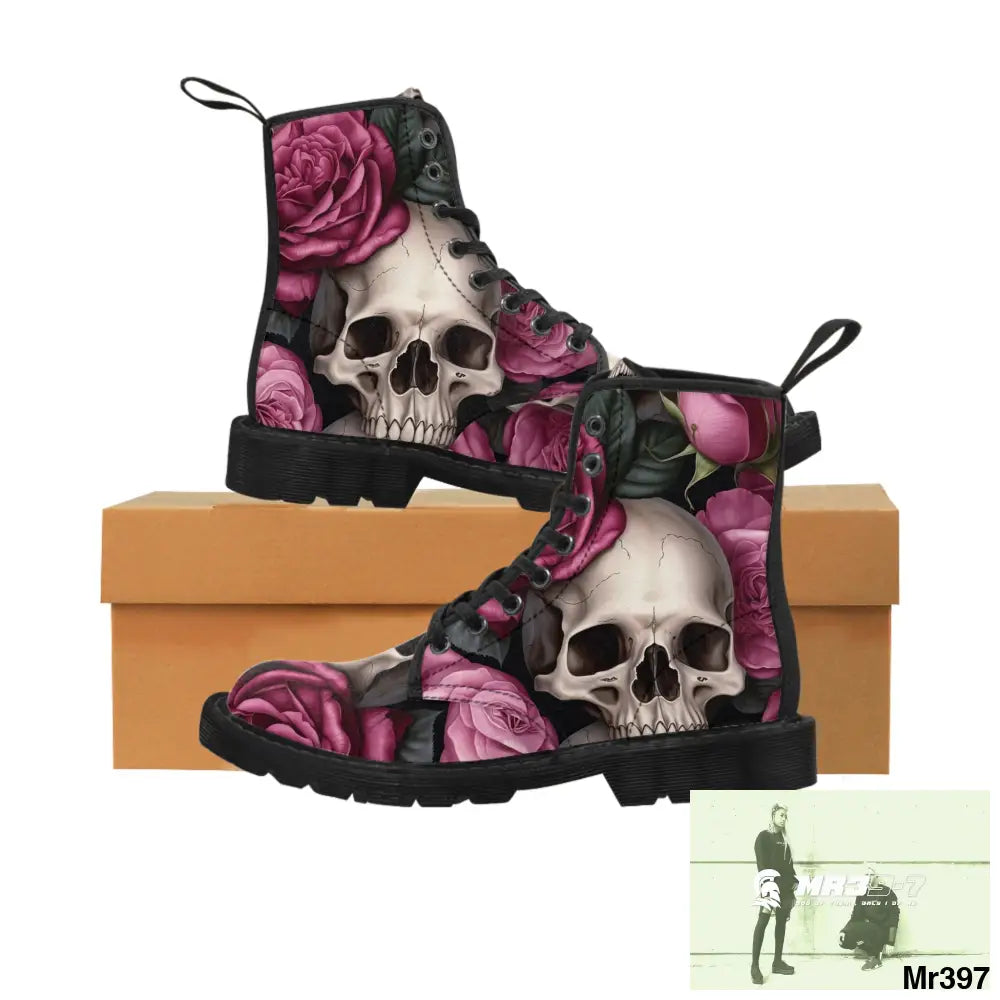 No 2 Gothic Skull and pink Roses Canvas Boots AOP US 7 / Black sole Shoes