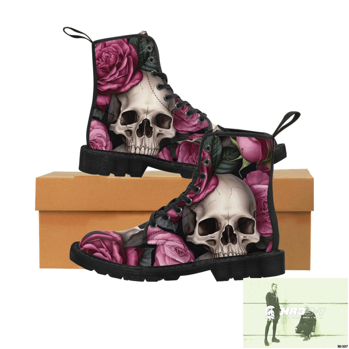 No 2 Gothic Skull and pink Roses Canvas Boots AOP US 7 / Black sole Shoes