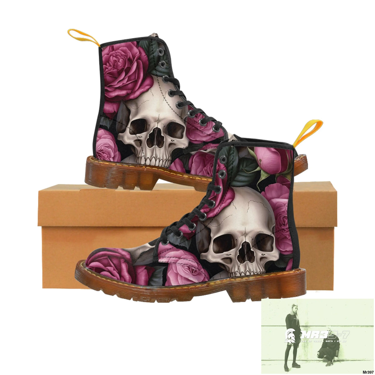 No 2 Gothic Skull and pink Roses Canvas Boots AOP US 7 / Brown sole Shoes