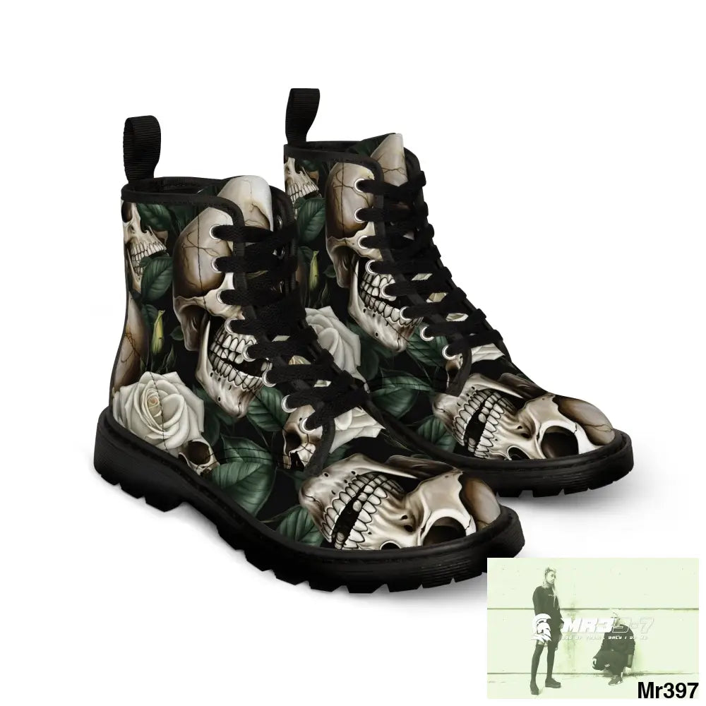 No 2 Gothic Skull and White Roses Canvas Boots AOP Shoes