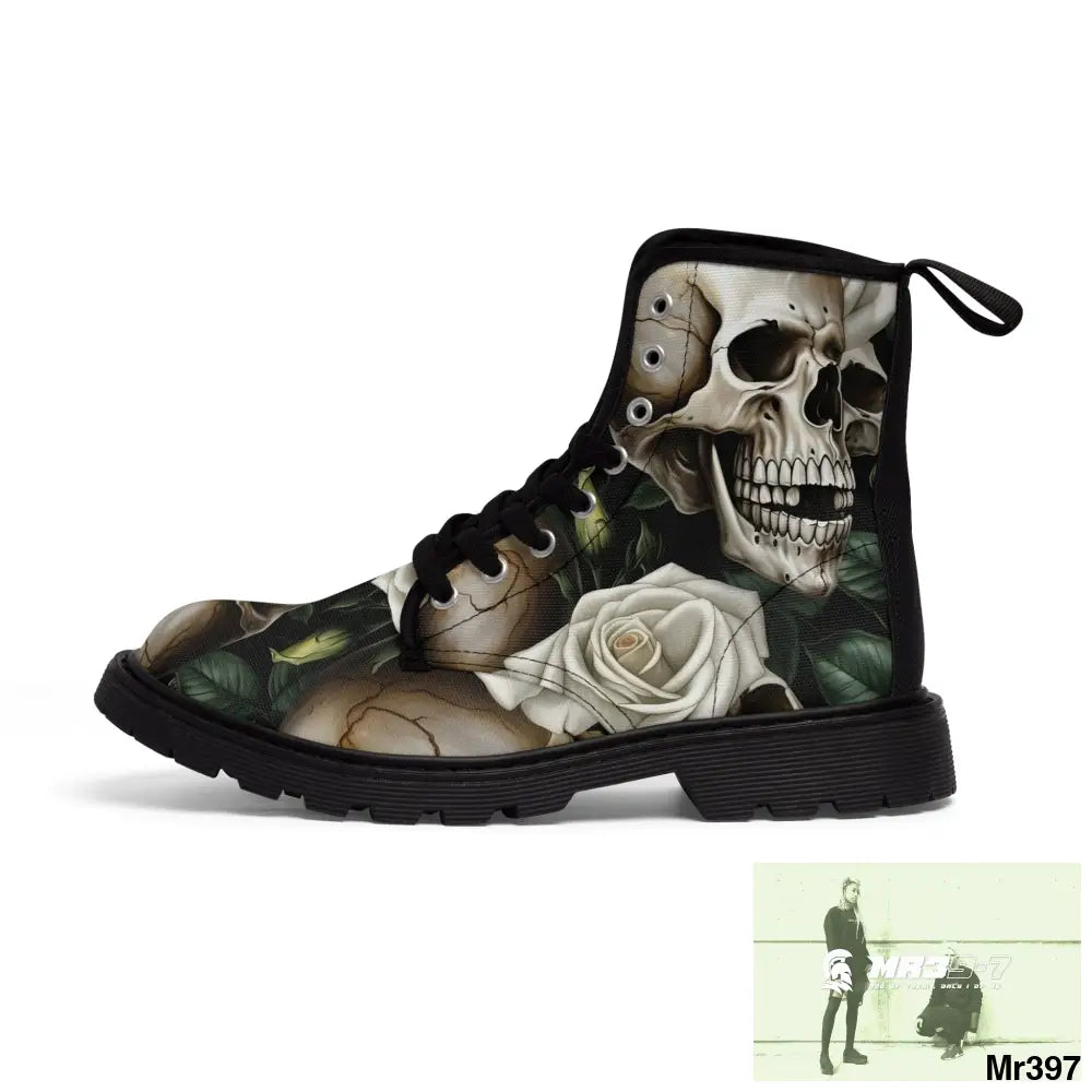 No 2 Gothic Skull and White Roses Canvas Boots AOP Shoes