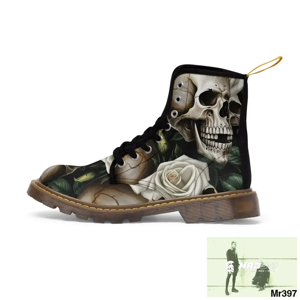 No 2 Gothic Skull and White Roses Canvas Boots AOP Shoes