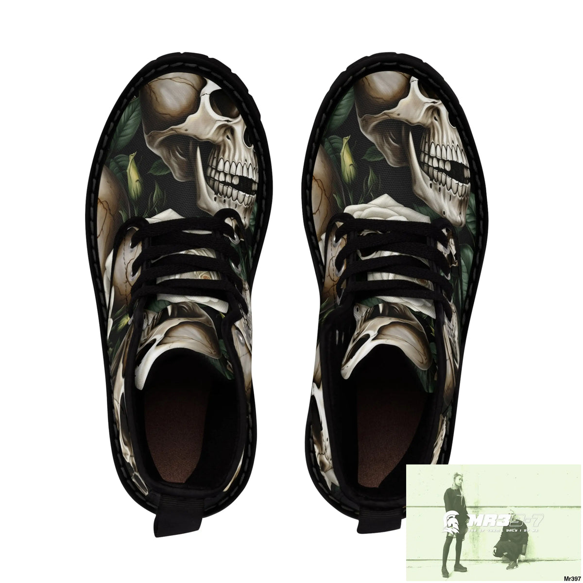 No 2 Gothic Skull and White Roses Canvas Boots AOP Shoes