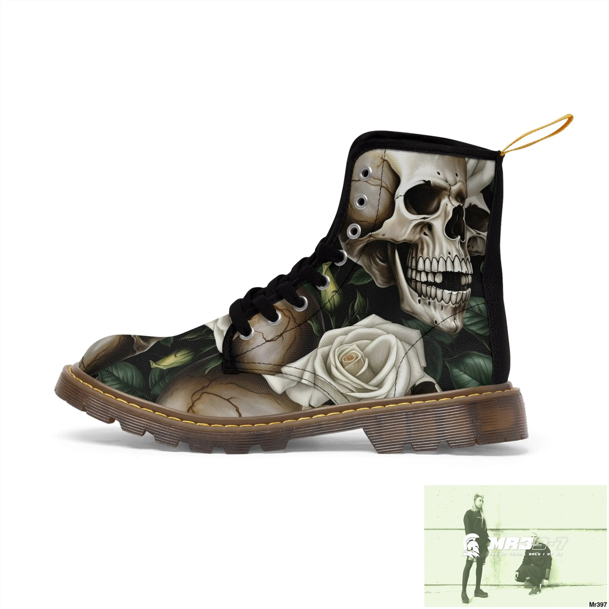 No 2 Gothic Skull and White Roses Canvas Boots AOP Shoes