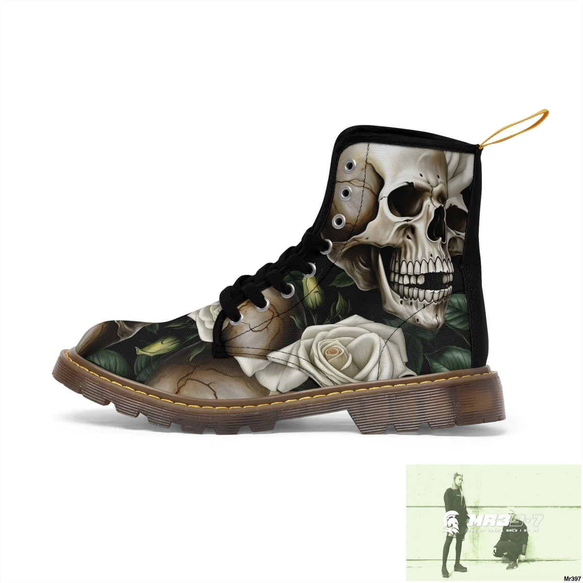 No 2 Gothic Skull and White Roses Canvas Boots AOP Shoes