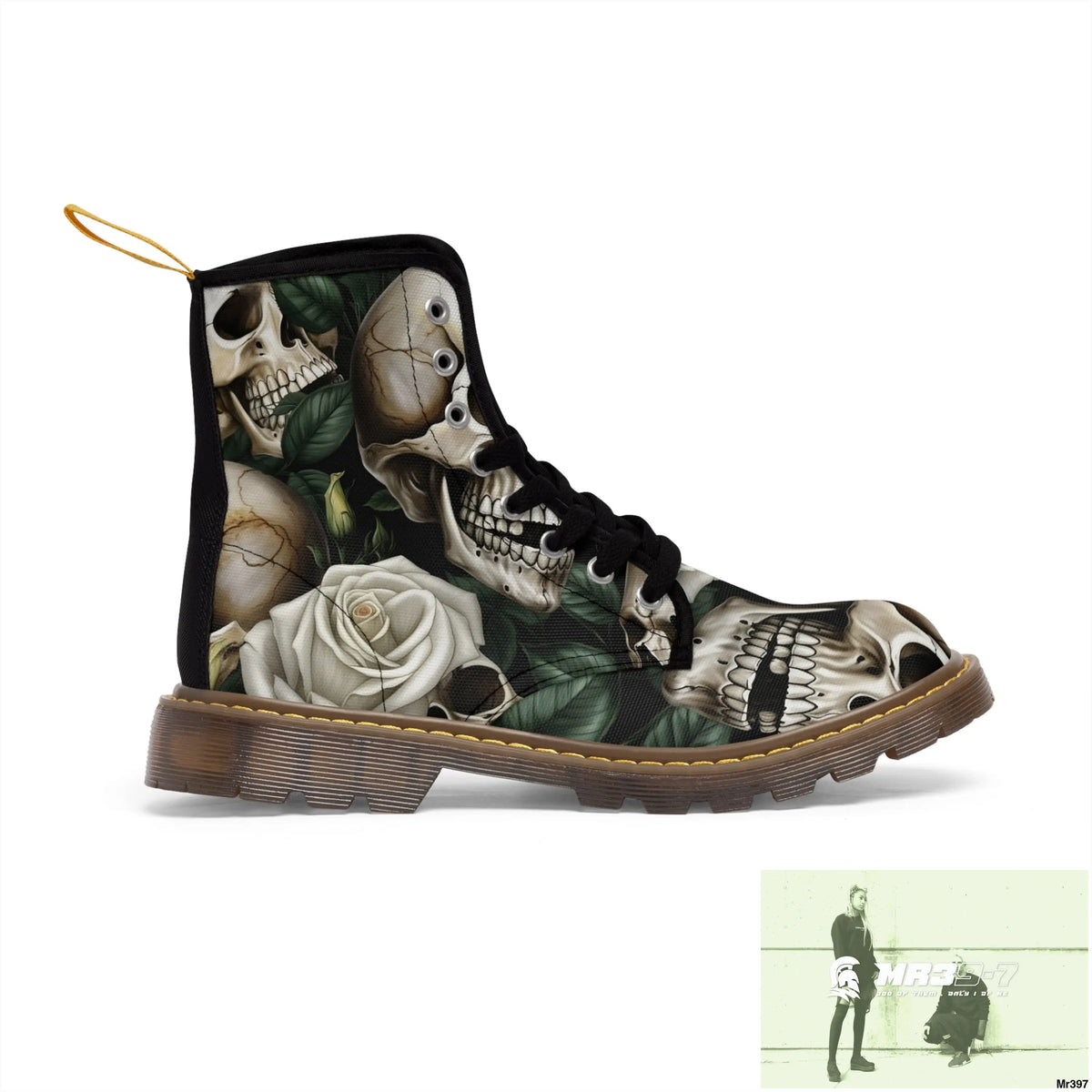 No 2 Gothic Skull and White Roses Canvas Boots AOP Shoes